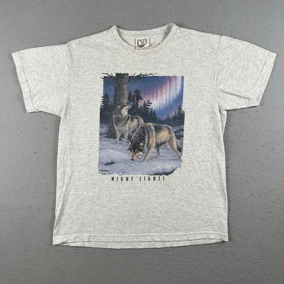 Vintage 90s Wolf Shirt Men’s Large Gray Northern Night Lights Wildlife - Picture 1 of 16
